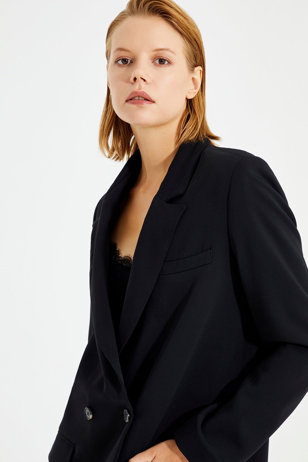 Schwarze zweireihige Damen-Blazerjacke mit Taschen